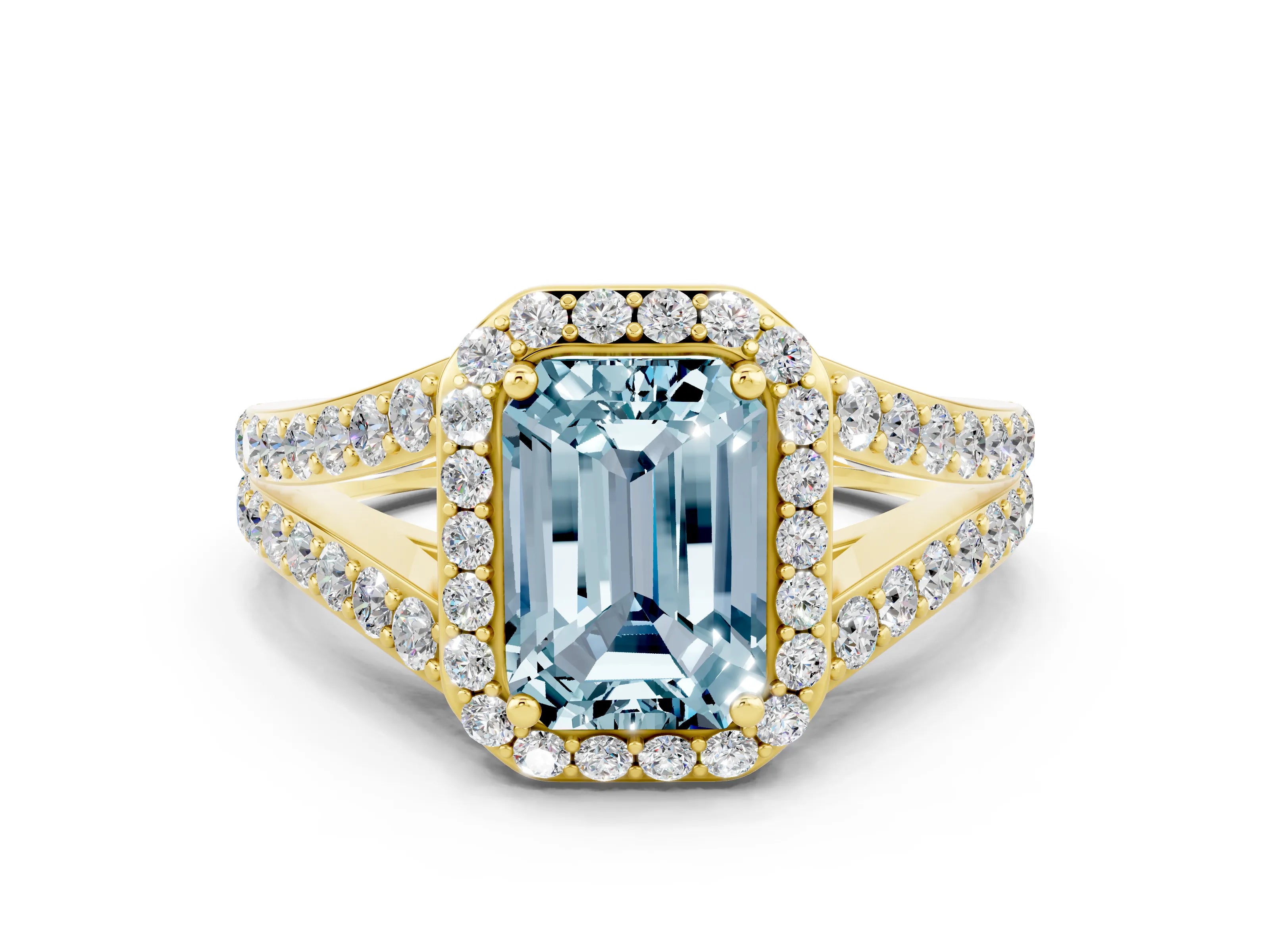 Yellow gold Emerald Cut Aquamarine Split Shank Halo Ring with Four-Prong Setting_12
