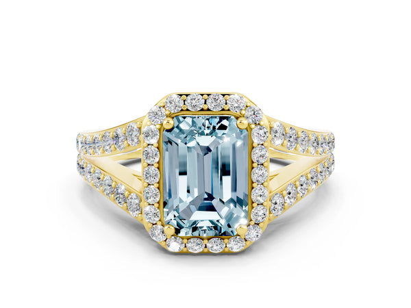 Yellow gold Emerald Cut Aquamarine Split Shank Halo Ring with Four-Prong Setting