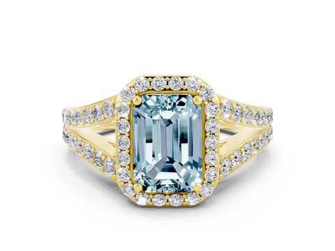 Yellow gold Emerald Cut Aquamarine Split Shank Halo Ring with Four-Prong Setting_12
