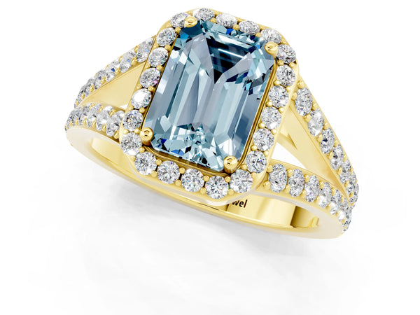 Yellow gold Emerald Cut Aquamarine Split Shank Halo Ring with Four-Prong Setting