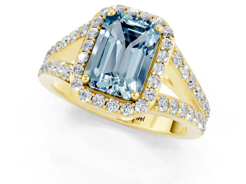 Yellow gold Emerald Cut Aquamarine Split Shank Halo Ring with Four-Prong Setting_13