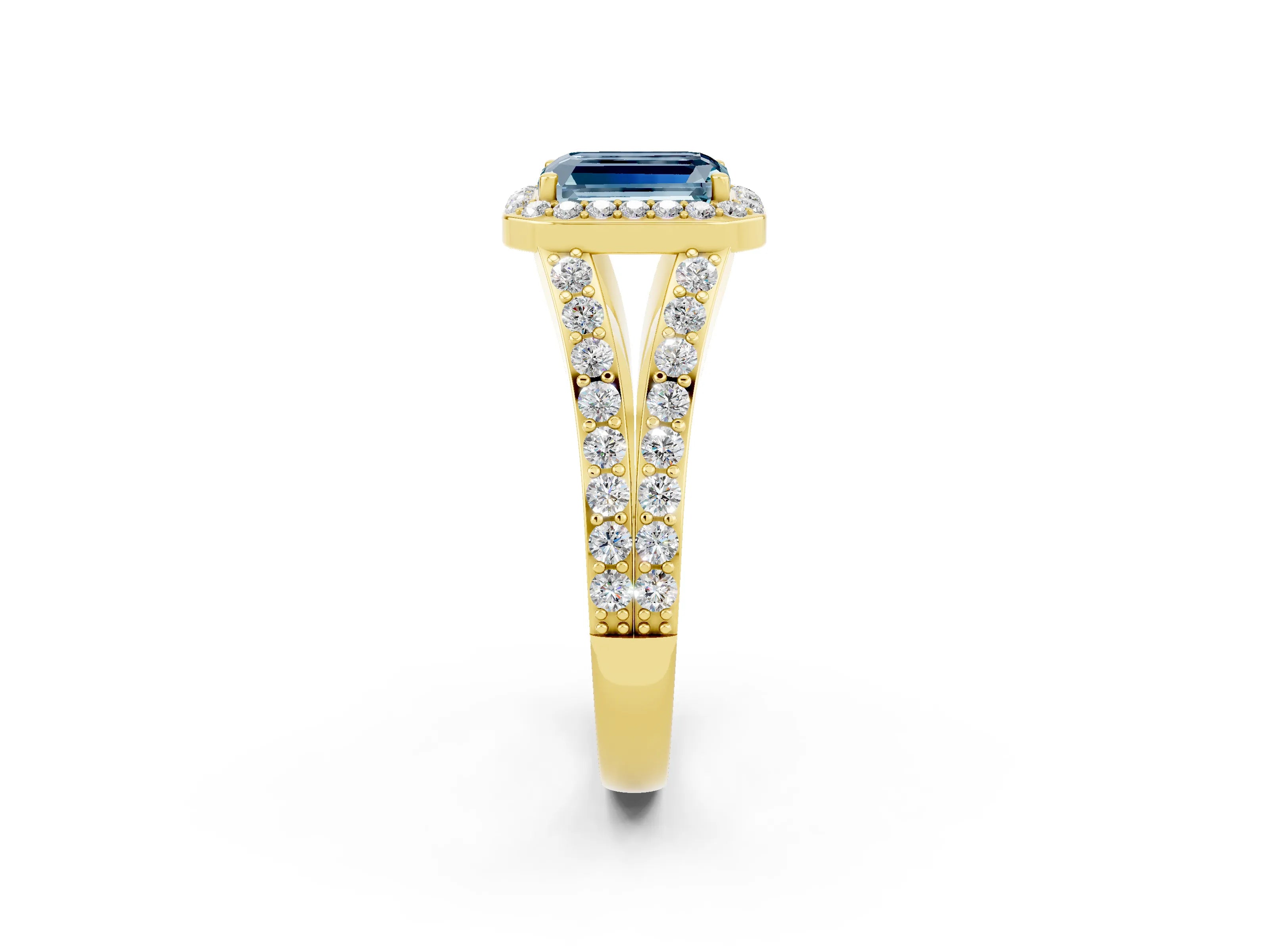Yellow gold Emerald Cut Aquamarine Split Shank Halo Ring with Four-Prong Setting_14