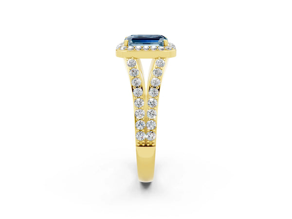 Yellow gold Emerald Cut Aquamarine Split Shank Halo Ring with Four-Prong Setting