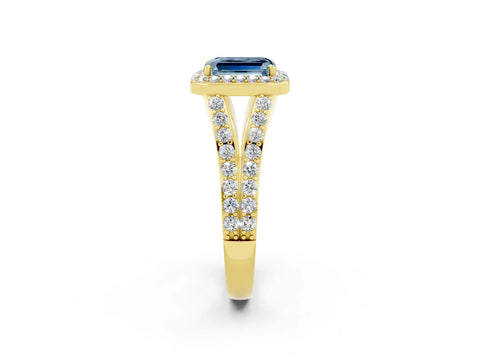 Yellow gold Emerald Cut Aquamarine Split Shank Halo Ring with Four-Prong Setting_14