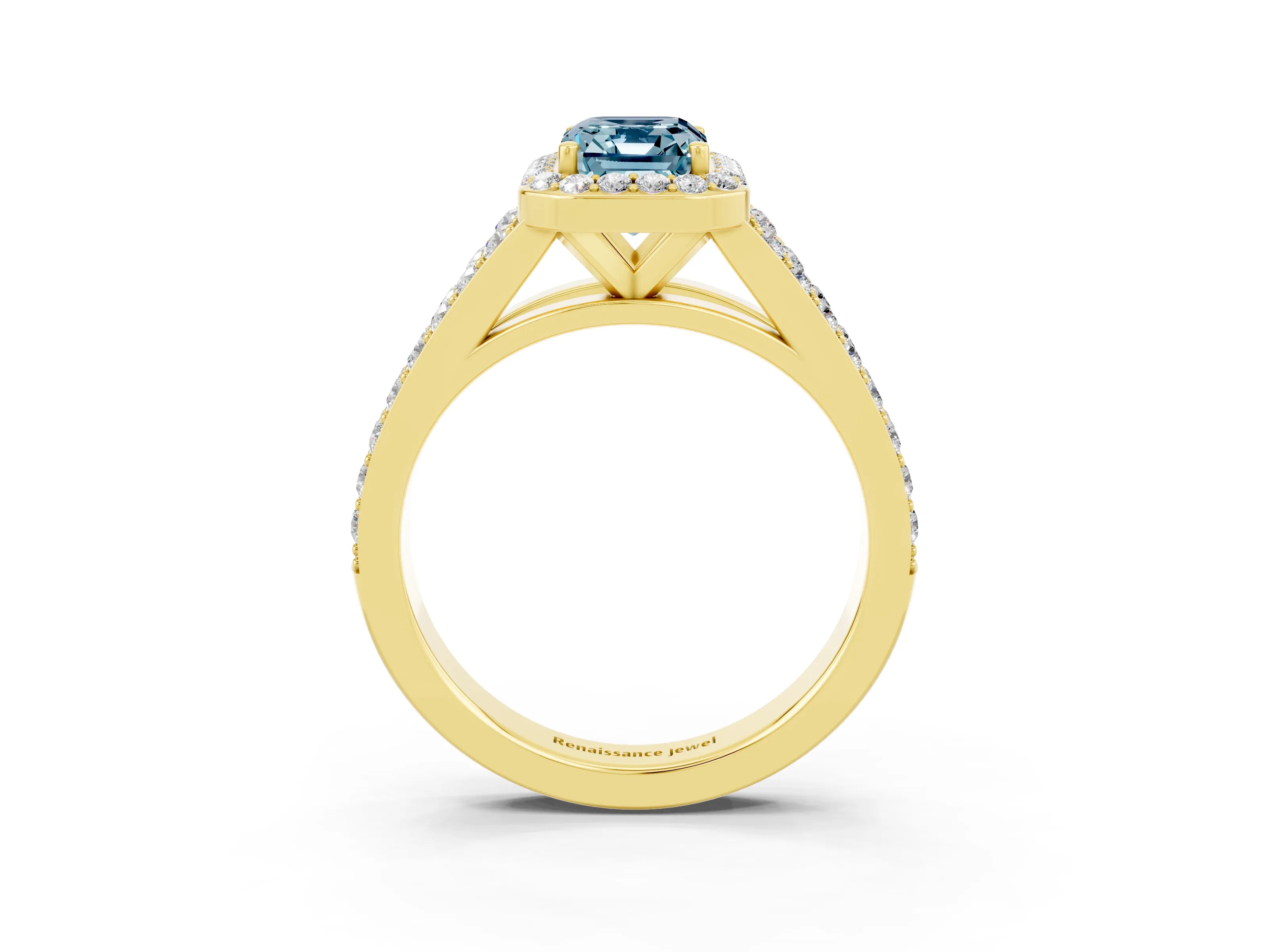 Yellow gold Emerald Cut Aquamarine Split Shank Halo Ring with Four-Prong Setting_15