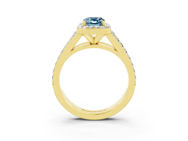 Yellow gold Emerald Cut Aquamarine Split Shank Halo Ring with Four-Prong Setting