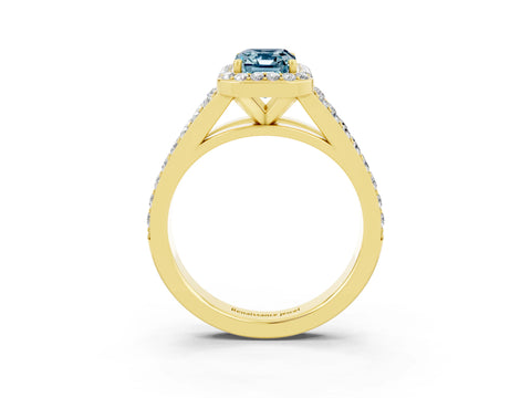 Yellow gold Emerald Cut Aquamarine Split Shank Halo Ring with Four-Prong Setting_15