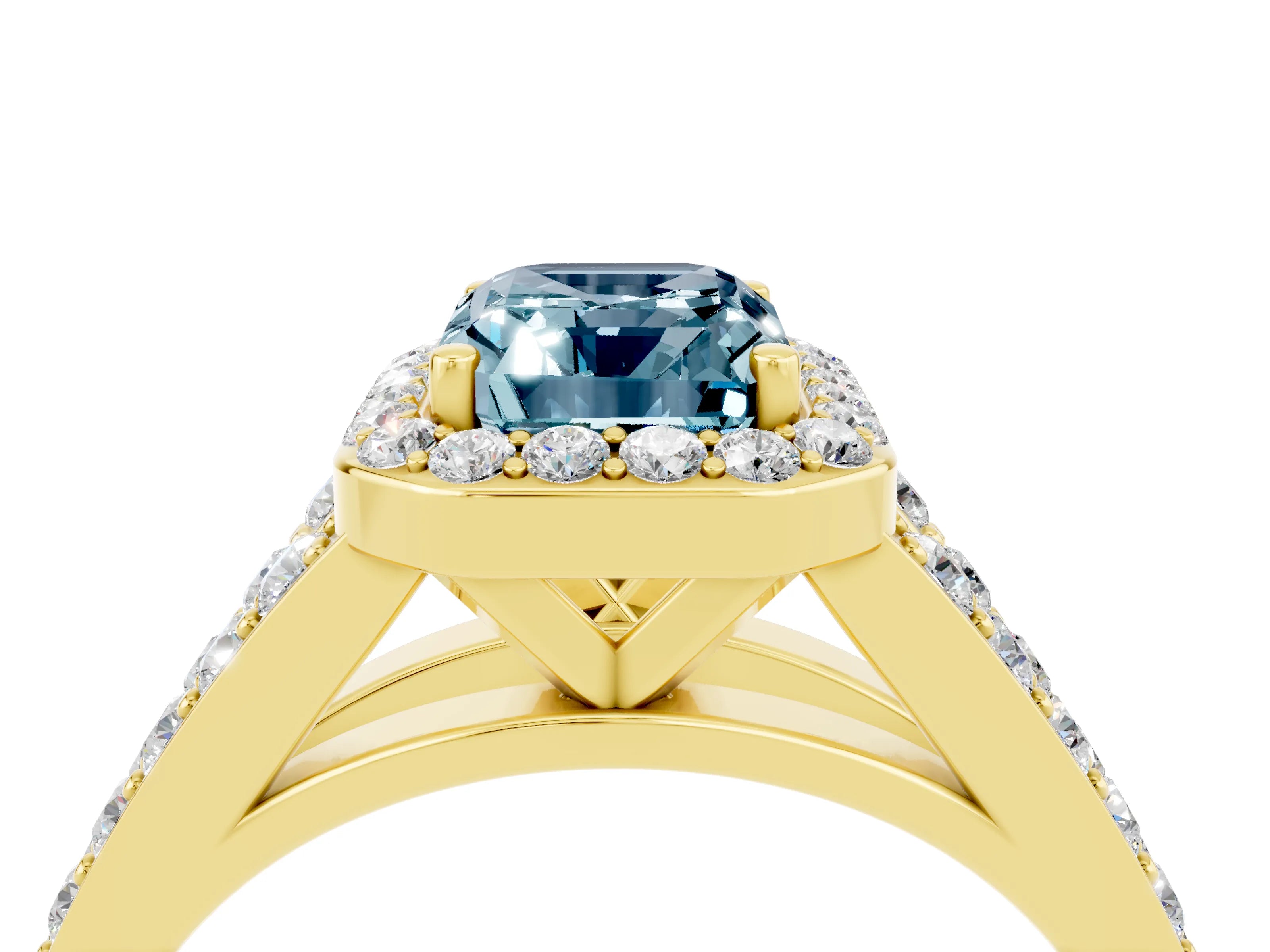 Yellow gold Emerald Cut Aquamarine Split Shank Halo Ring with Four-Prong Setting_16