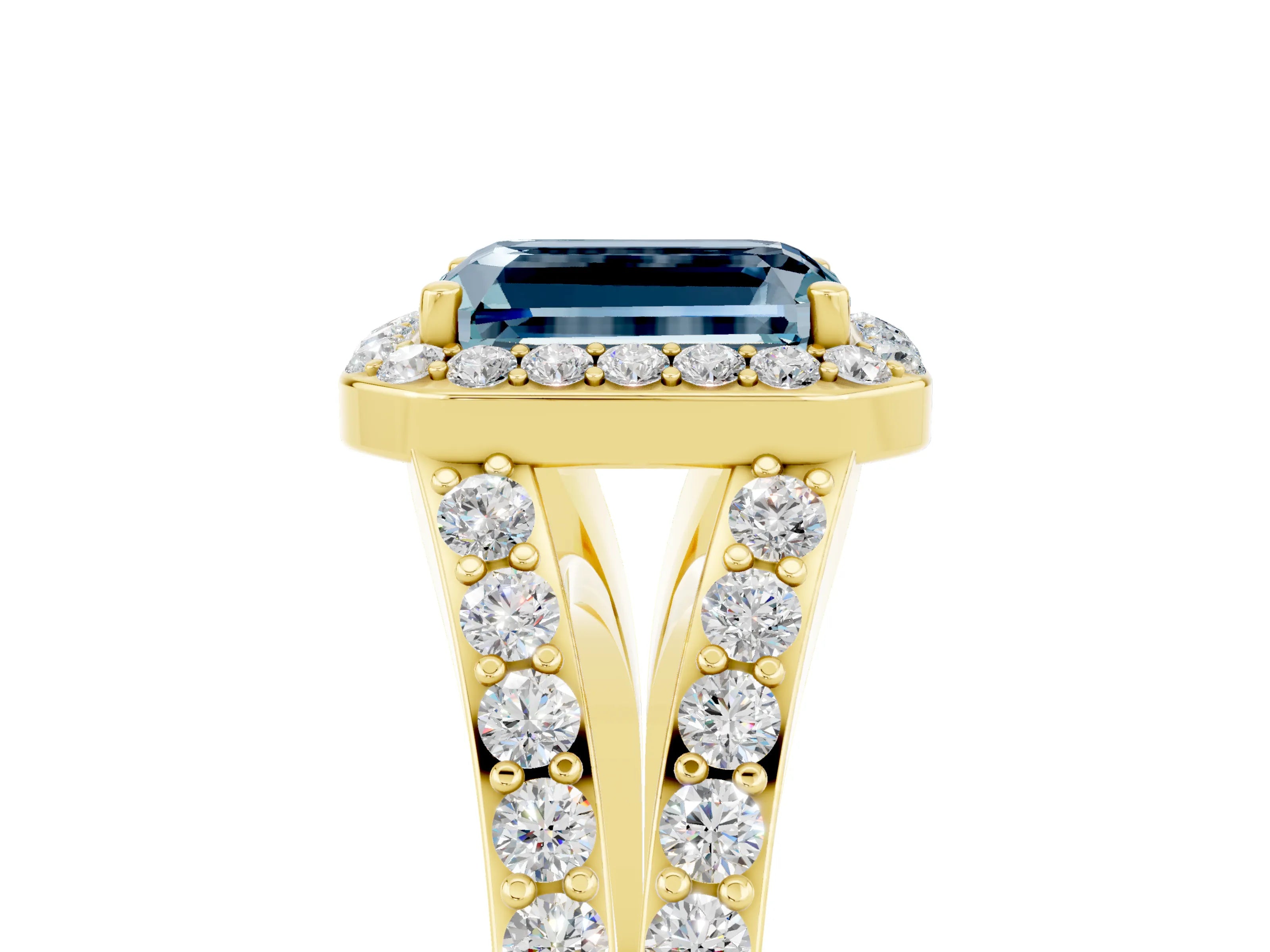 Yellow gold Emerald Cut Aquamarine Split Shank Halo Ring with Four-Prong Setting_17
