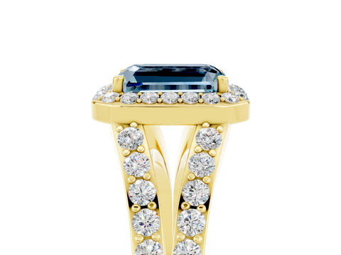 Yellow gold Emerald Cut Aquamarine Split Shank Halo Ring with Four-Prong Setting_17