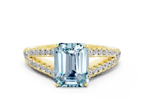 Yellow gold Emerald Cut Aquamarine Split Shank Pavé Engagement Ring with Four-Prong Setting