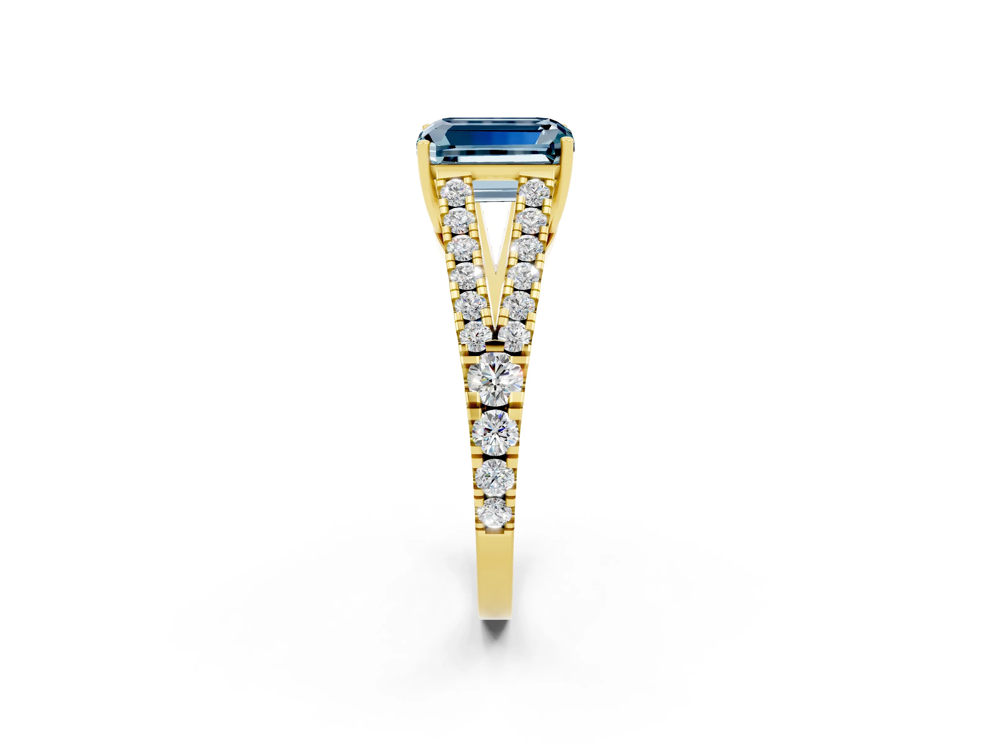 Yellow gold Emerald Cut Aquamarine Split Shank Pavé Engagement Ring with Four-Prong Setting_14