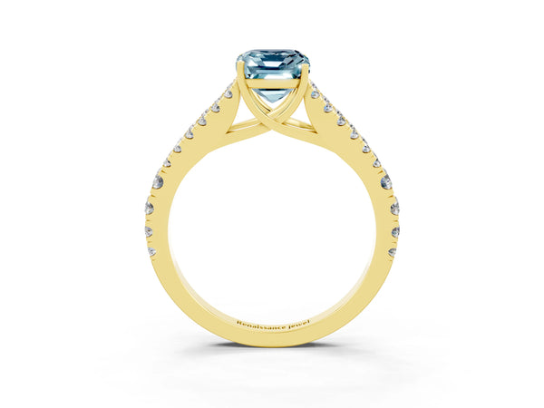 Yellow gold Emerald Cut Aquamarine Split Shank Pavé Engagement Ring with Four-Prong Setting