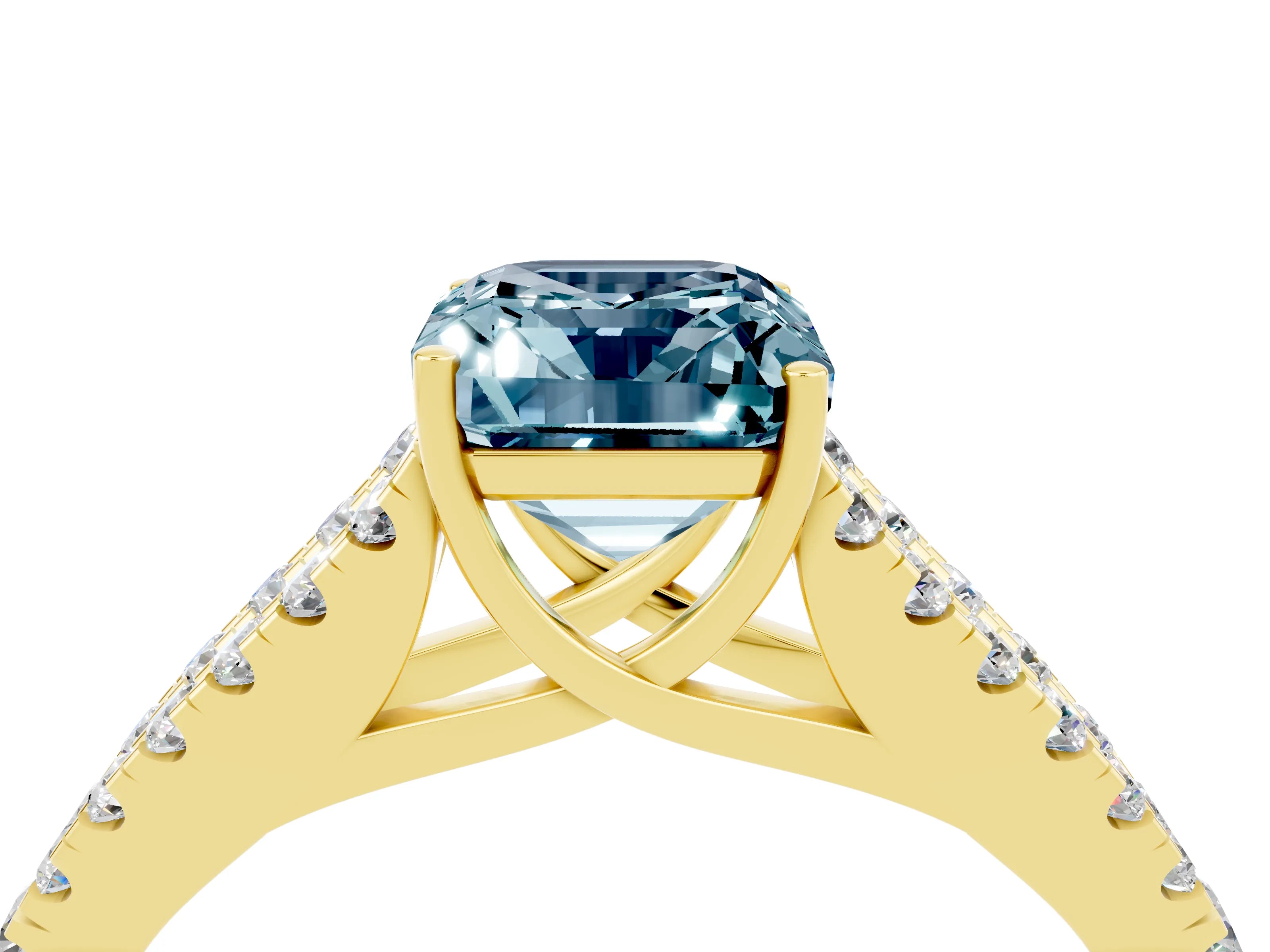 Yellow gold Emerald Cut Aquamarine Split Shank Pavé Engagement Ring with Four-Prong Setting_16