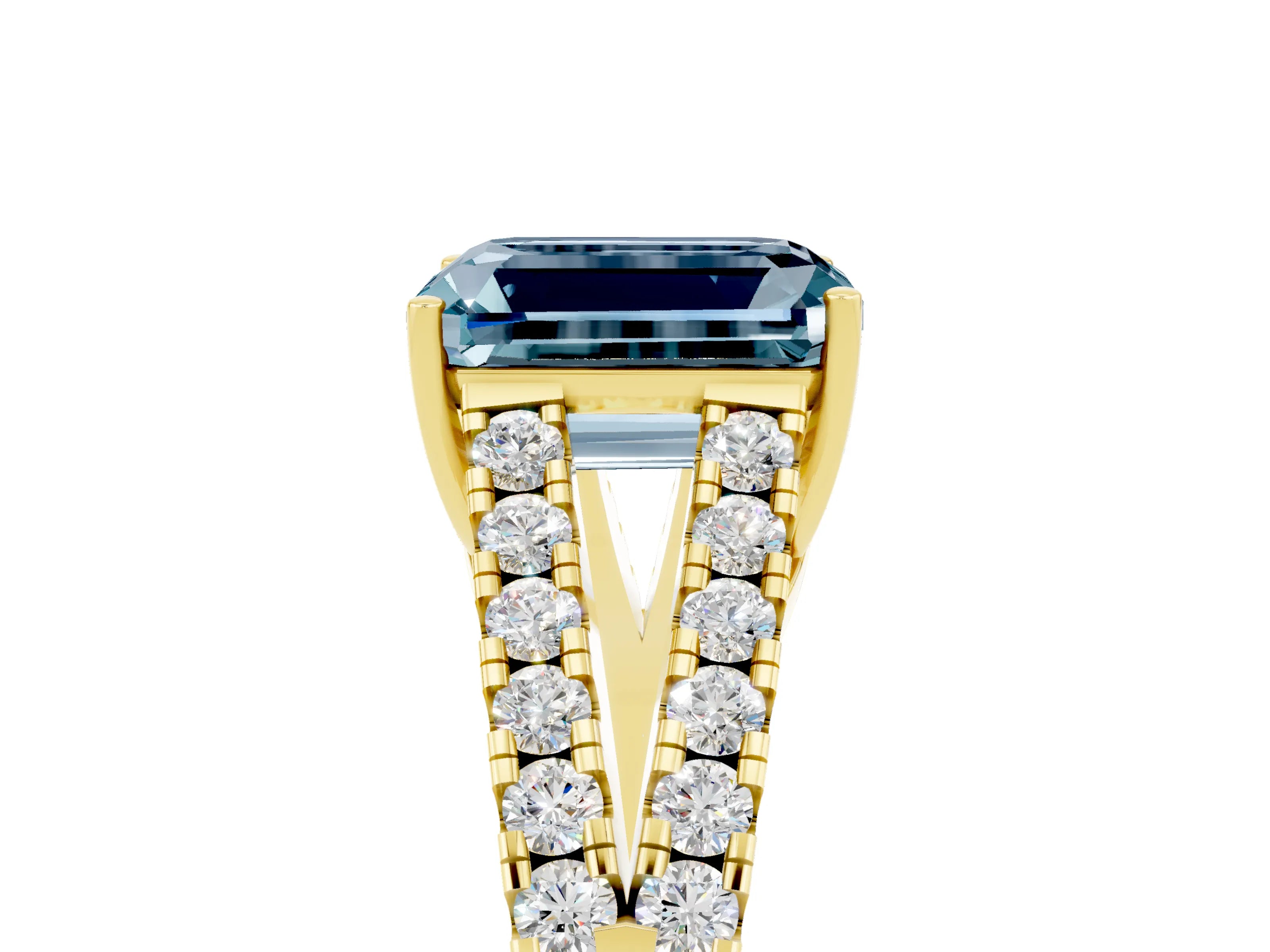 Yellow gold Emerald Cut Aquamarine Split Shank Pavé Engagement Ring with Four-Prong Setting_17
