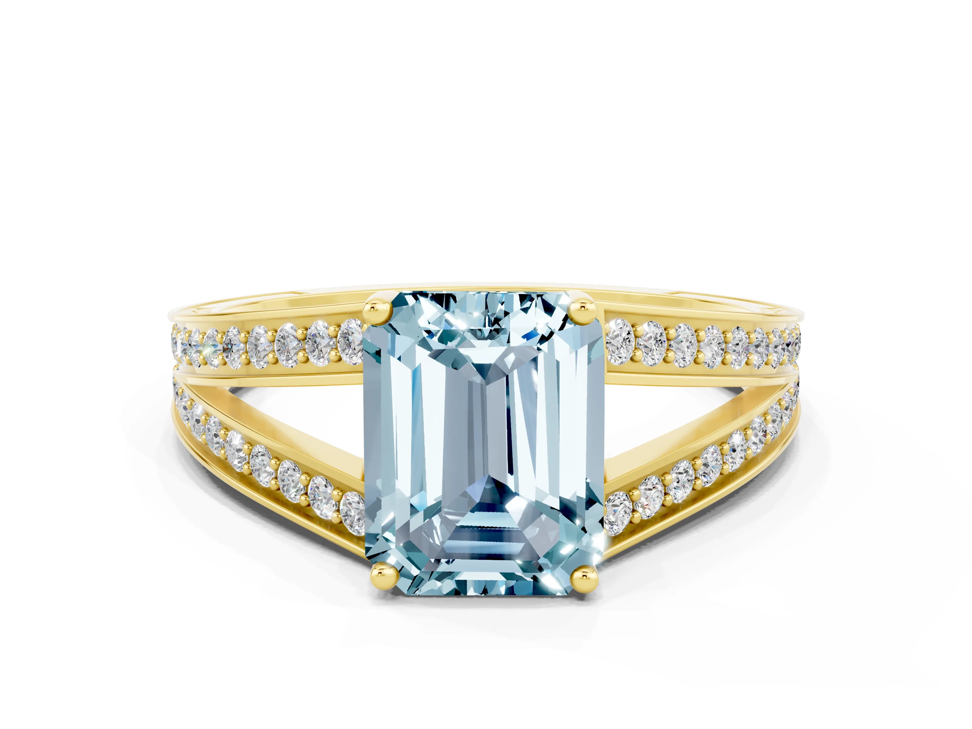 Yellow gold Emerald Cut Aquamarine Split Shank Ring with Pavé Band and Four-Prong Setting
