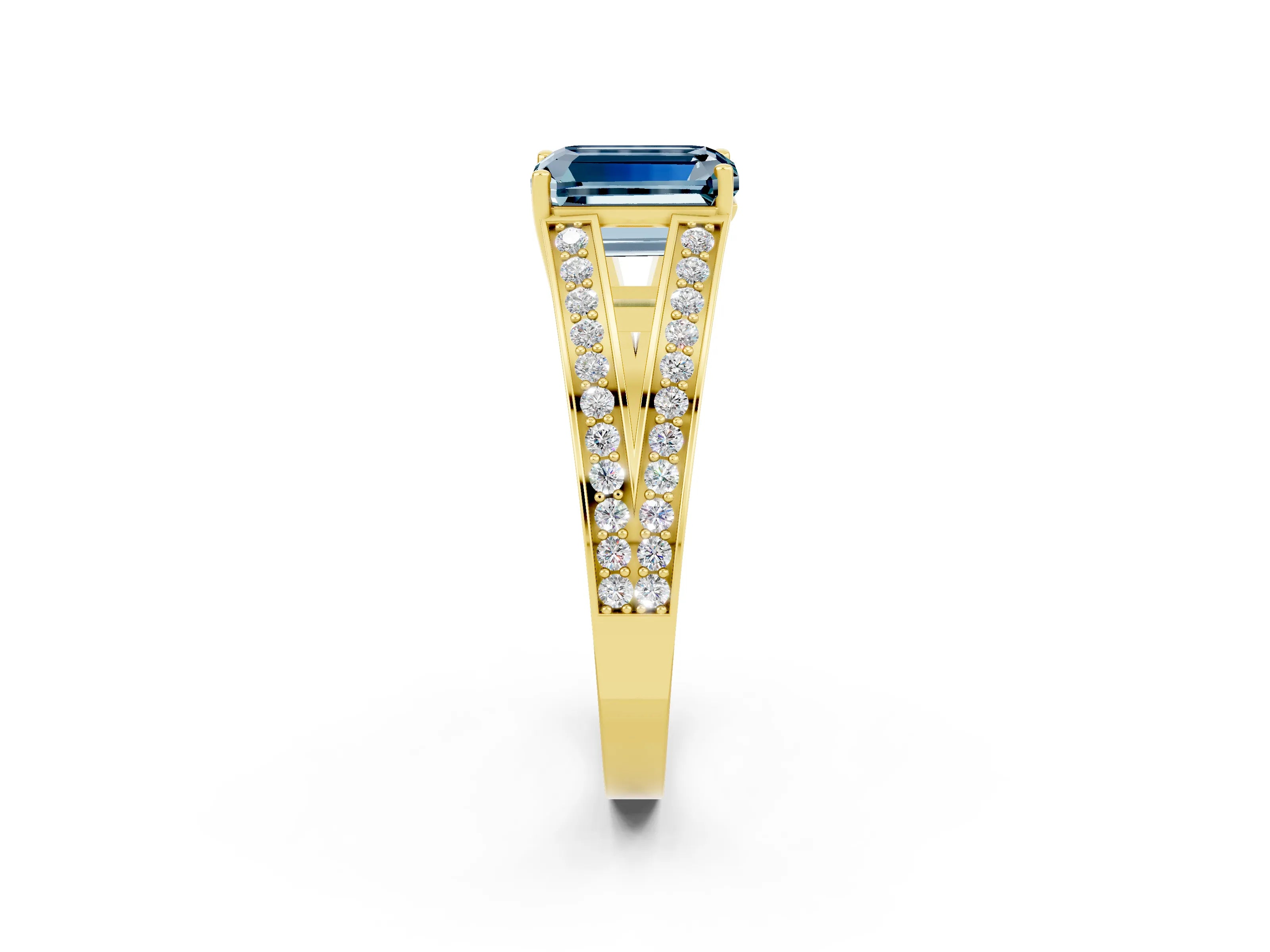 Yellow gold Emerald Cut Aquamarine Split Shank Ring with Pavé Band and Four-Prong Setting_2