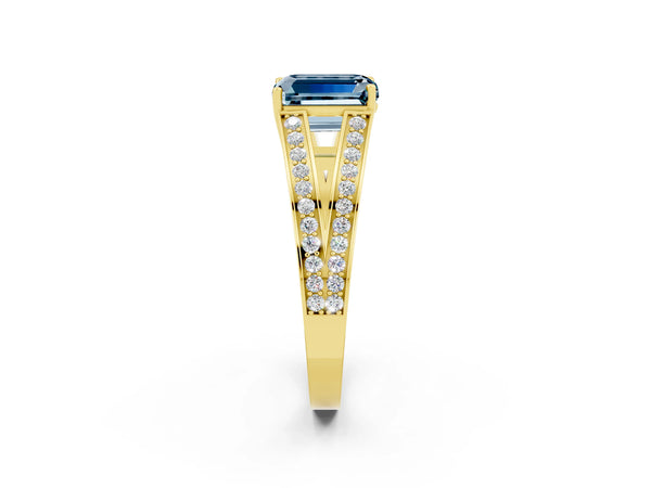 Yellow gold Emerald Cut Aquamarine Split Shank Ring with Pavé Band and Four-Prong Setting