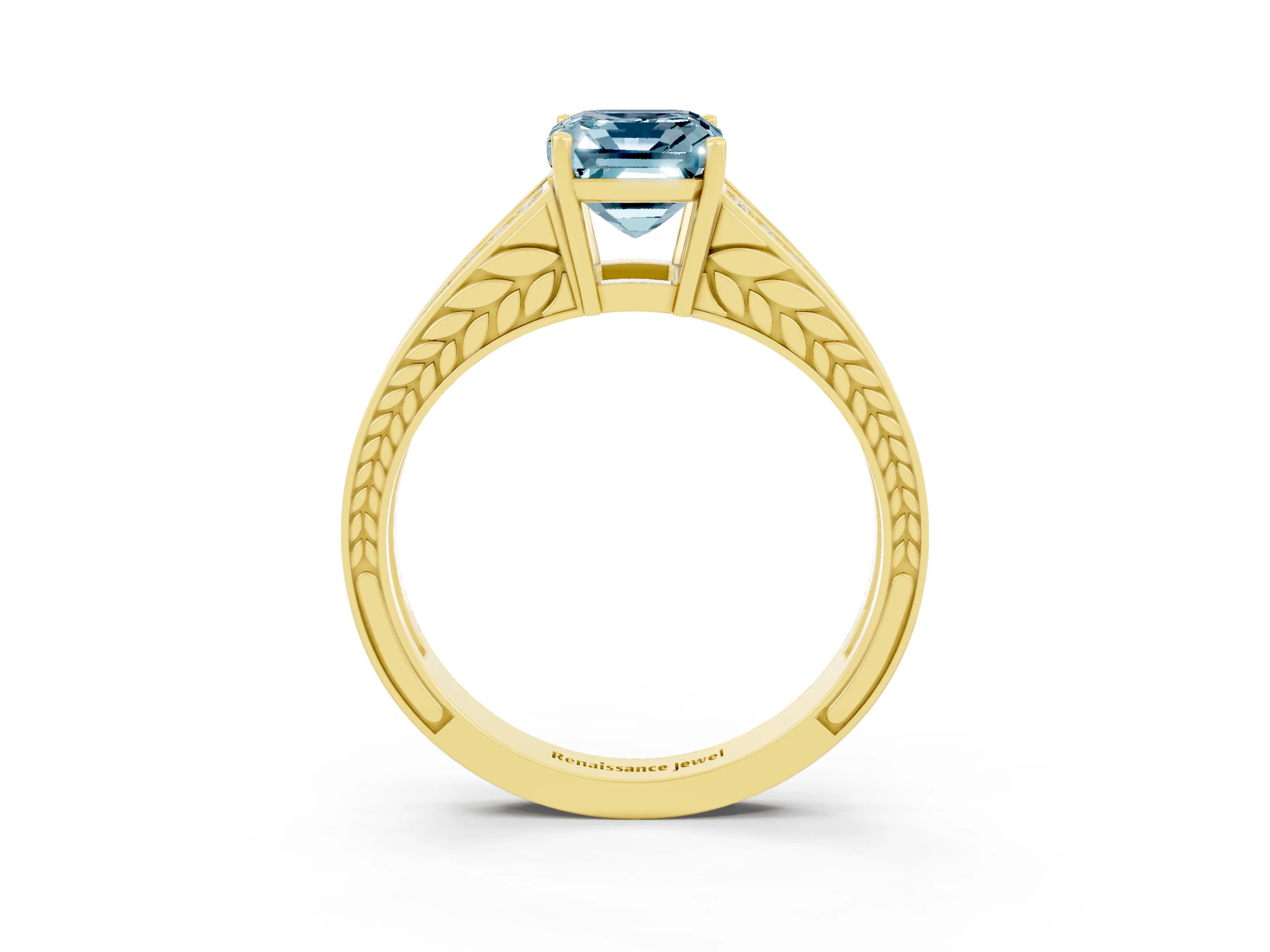 Yellow gold Emerald Cut Aquamarine Split Shank Ring with Pavé Band and Four-Prong Setting_3