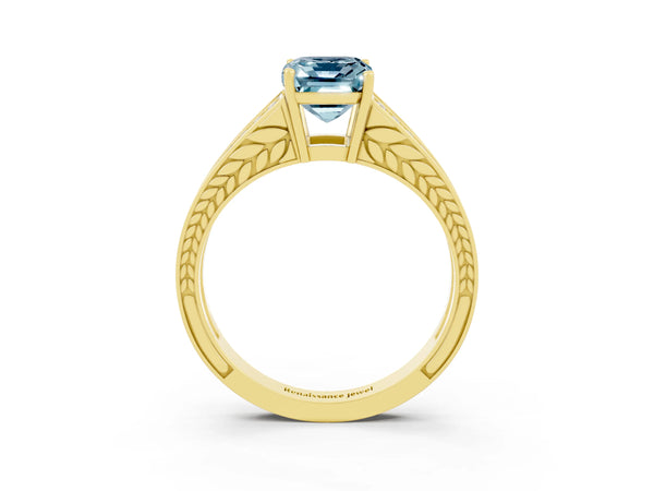 Yellow gold Emerald Cut Aquamarine Split Shank Ring with Pavé Band and Four-Prong Setting