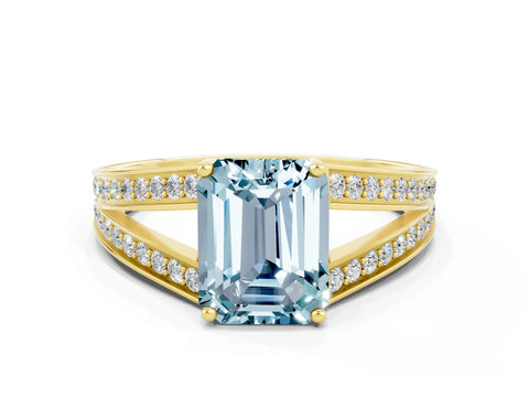 Yellow gold Emerald Cut Aquamarine Split Shank Ring with Pavé Band and Four-Prong Setting