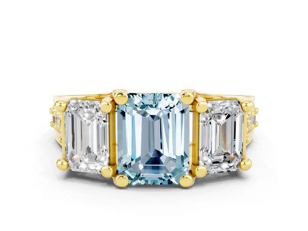 Yellow gold Emerald Cut Aquamarine Three-Stone Ring with Channel Set Band and Four-Prong Setting