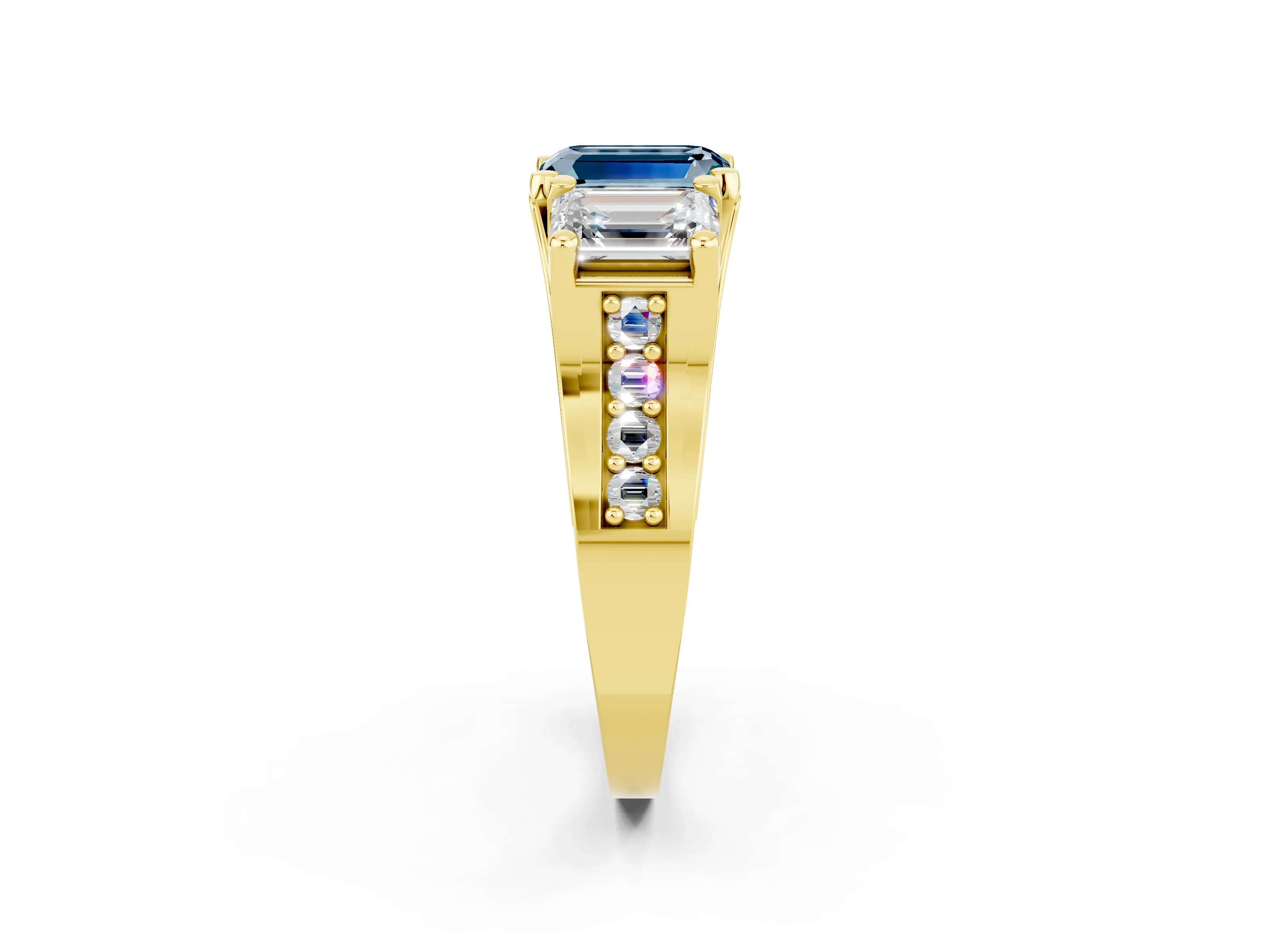 Yellow gold Emerald Cut Aquamarine Three-Stone Ring with Channel Set Band and Four-Prong Setting_2