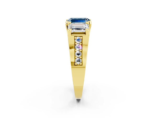 Yellow gold Emerald Cut Aquamarine Three-Stone Ring with Channel Set Band and Four-Prong Setting
