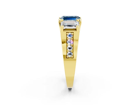 Yellow gold Emerald Cut Aquamarine Three-Stone Ring with Channel Set Band and Four-Prong Setting_2