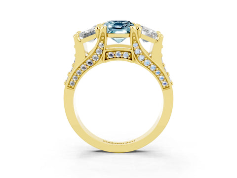 Yellow gold Emerald Cut Aquamarine Three-Stone Ring with Channel Set Band and Four-Prong Setting_3