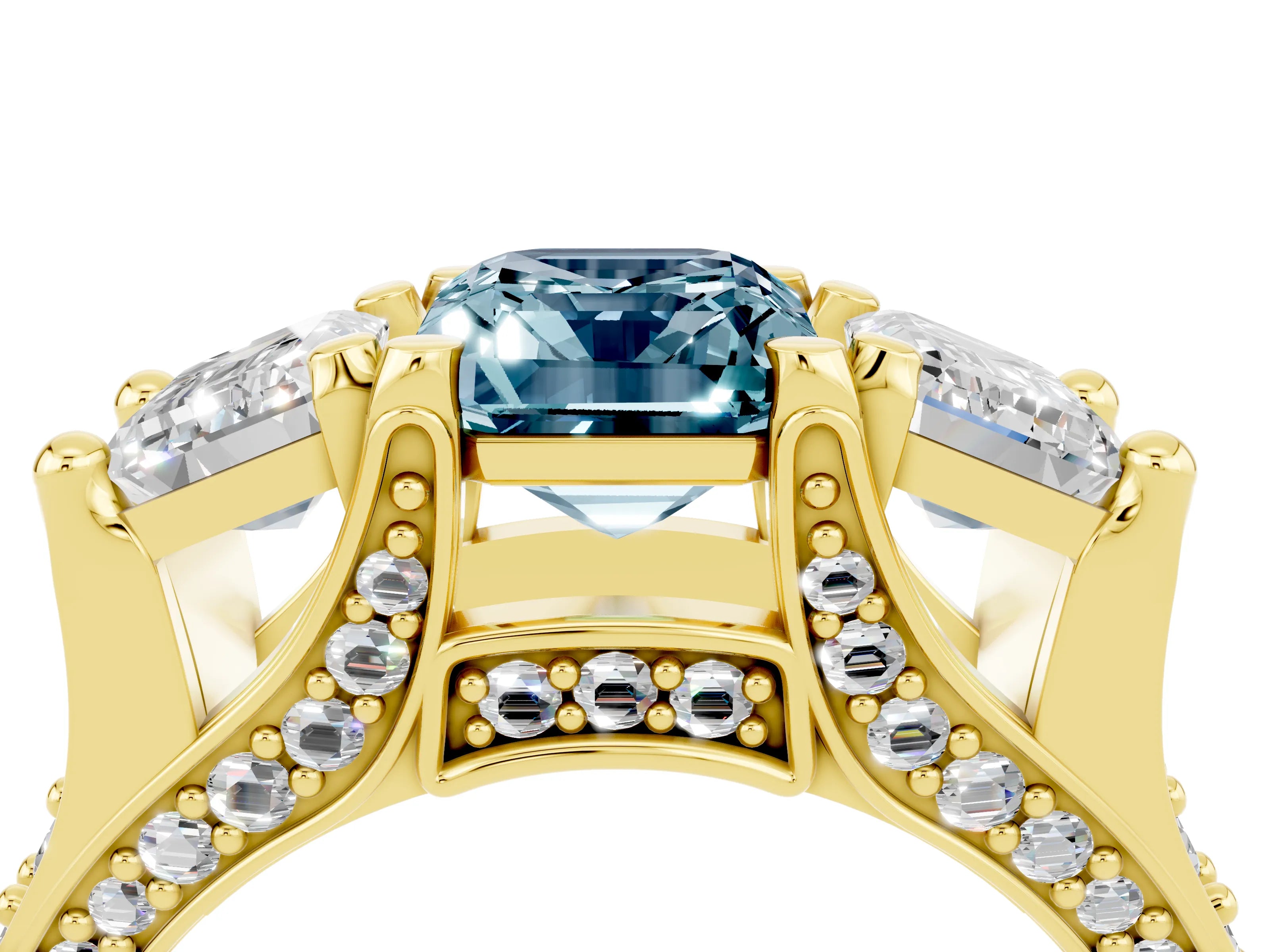 Yellow gold Emerald Cut Aquamarine Three-Stone Ring with Channel Set Band and Four-Prong Setting_4