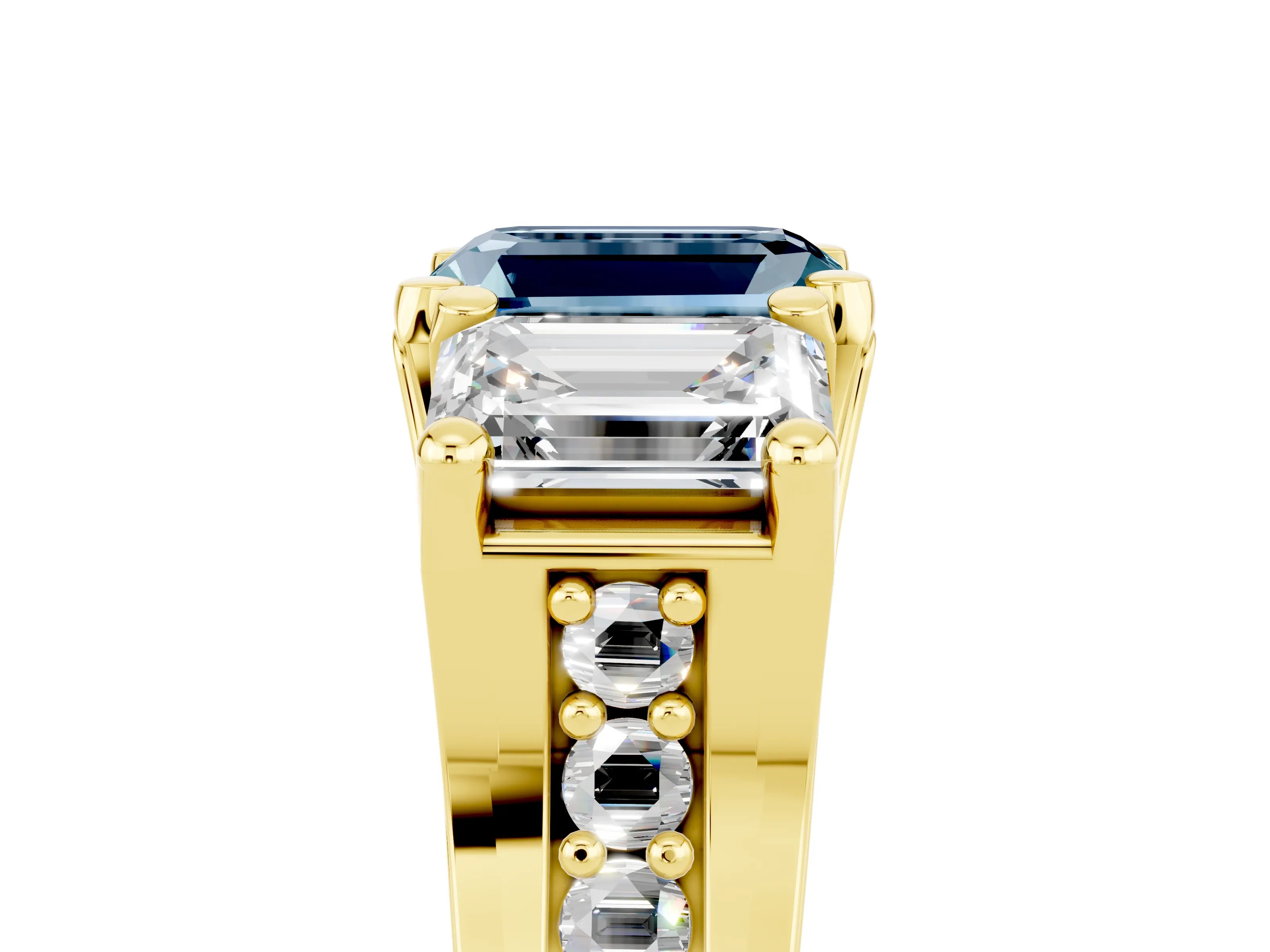 Yellow gold Emerald Cut Aquamarine Three-Stone Ring with Channel Set Band and Four-Prong Setting_5