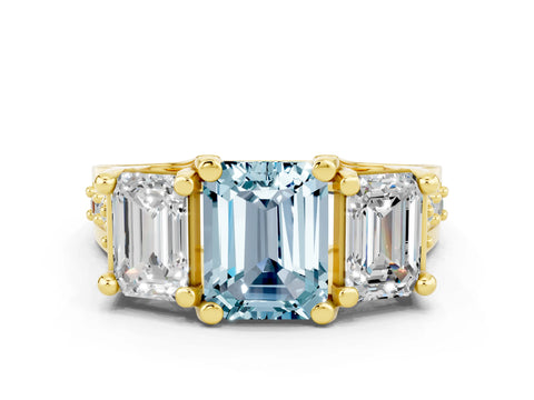 Yellow gold Emerald Cut Aquamarine Three-Stone Ring with Channel Set Band and Four-Prong Setting