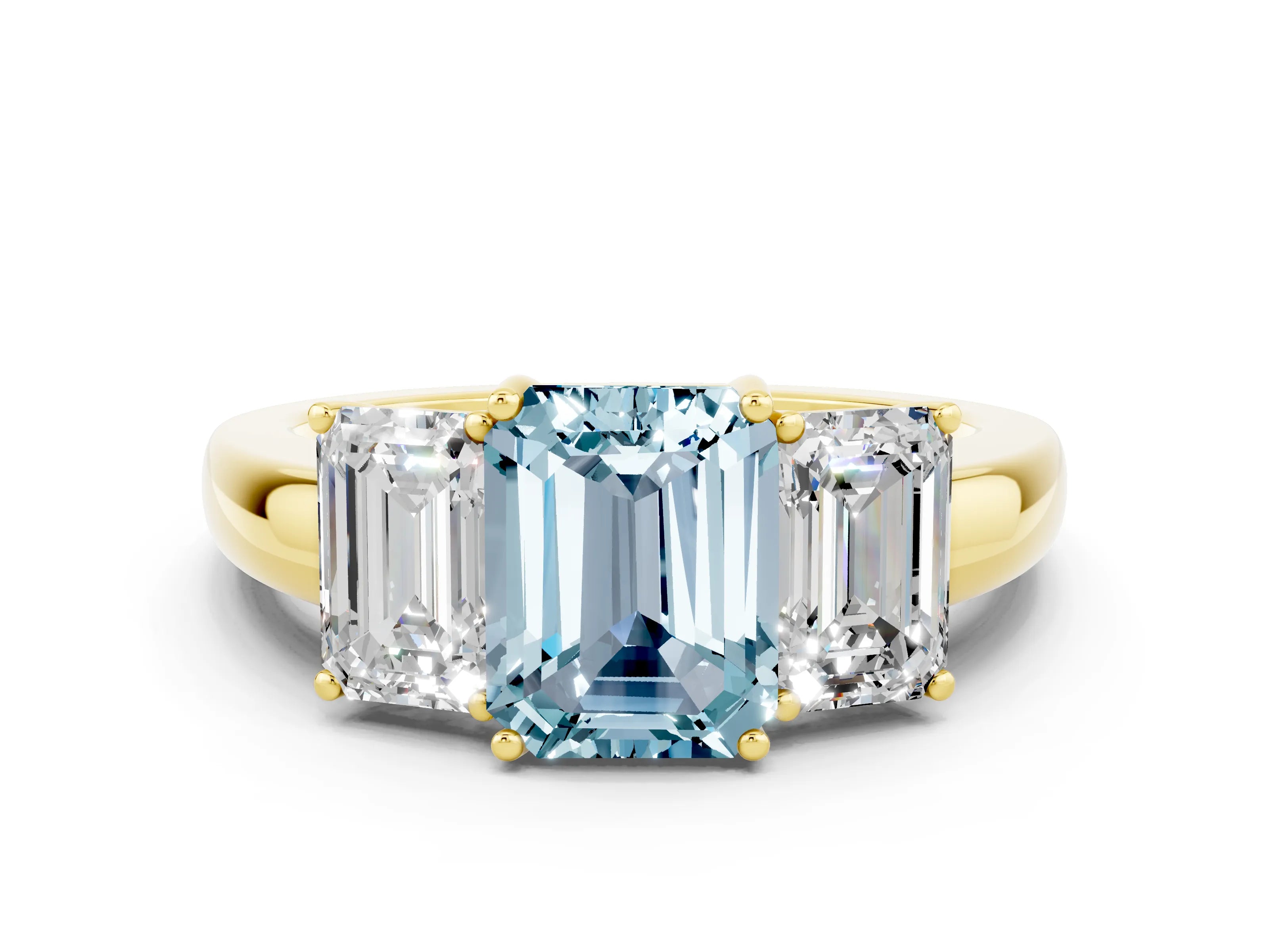 Yellow gold Emerald Cut Aquamarine Three-Stone Ring with Four-Prong Setting and Classic Band