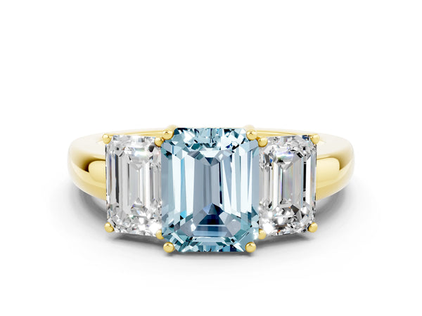 Yellow gold Emerald Cut Aquamarine Three-Stone Ring with Four-Prong Setting and Classic Band