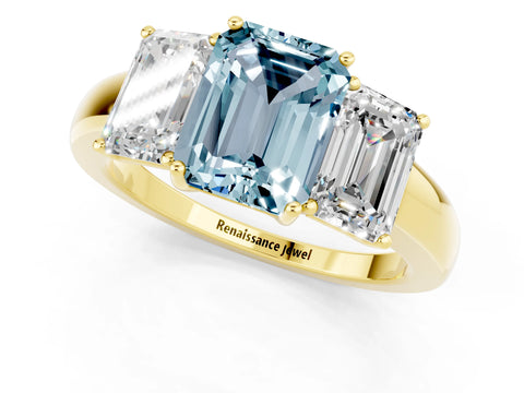 Yellow gold Emerald Cut Aquamarine Three-Stone Ring with Four-Prong Setting and Classic Band_1