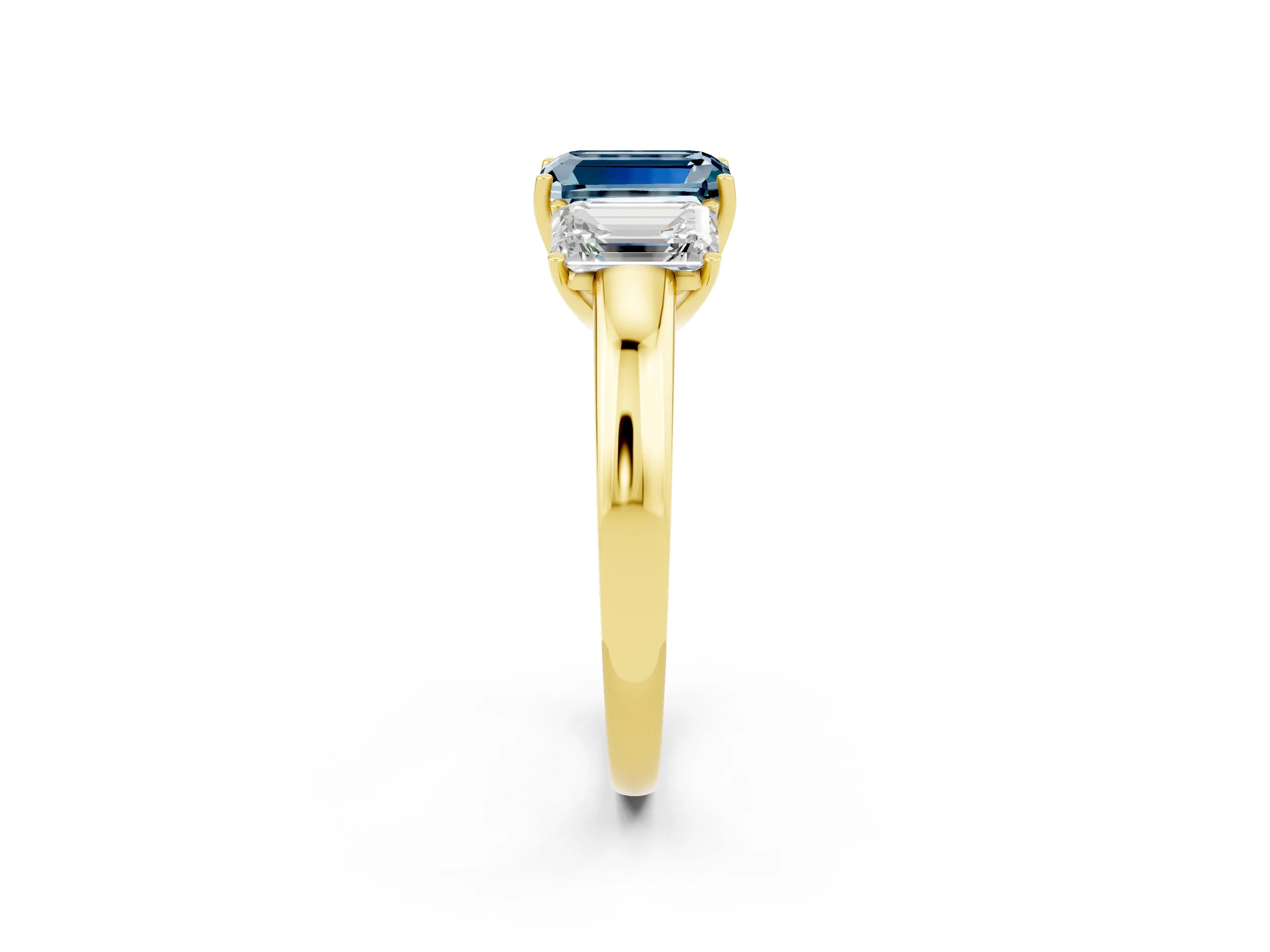 Yellow gold Emerald Cut Aquamarine Three-Stone Ring with Four-Prong Setting and Classic Band_2