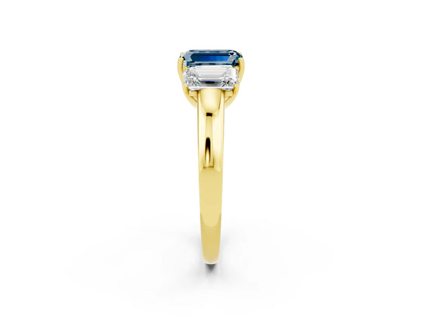 Yellow gold Emerald Cut Aquamarine Three-Stone Ring with Four-Prong Setting and Classic Band