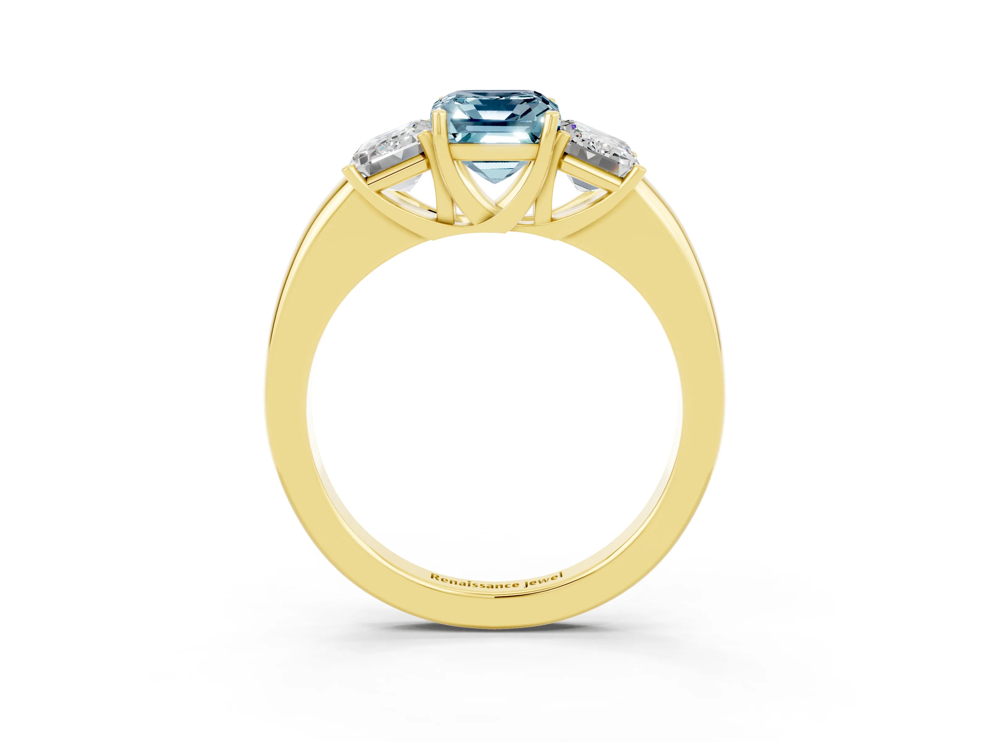 Yellow gold Emerald Cut Aquamarine Three-Stone Ring with Four-Prong Setting and Classic Band_3