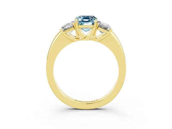 Yellow gold Emerald Cut Aquamarine Three-Stone Ring with Four-Prong Setting and Classic Band