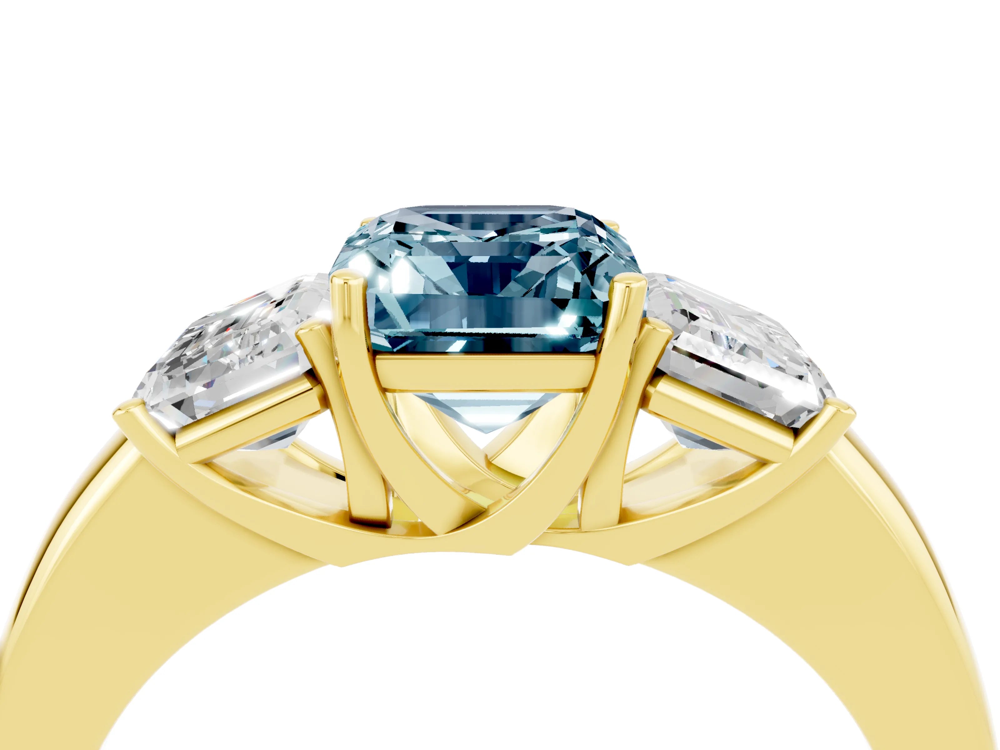 Yellow gold Emerald Cut Aquamarine Three-Stone Ring with Four-Prong Setting and Classic Band_4