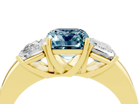 Yellow gold Emerald Cut Aquamarine Three-Stone Ring with Four-Prong Setting and Classic Band_4