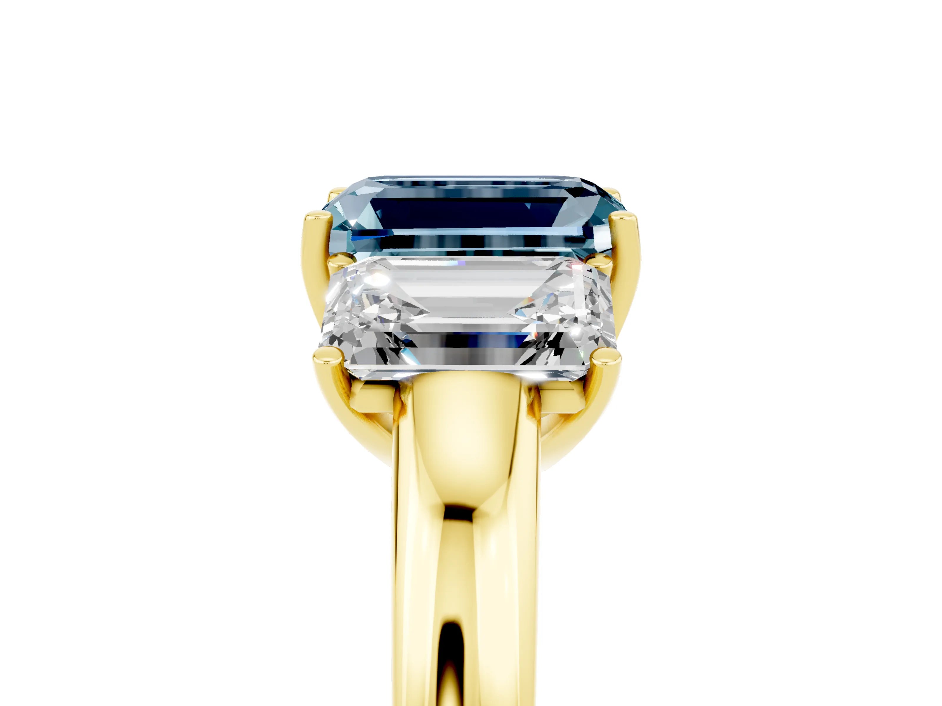Yellow gold Emerald Cut Aquamarine Three-Stone Ring with Four-Prong Setting and Classic Band_5