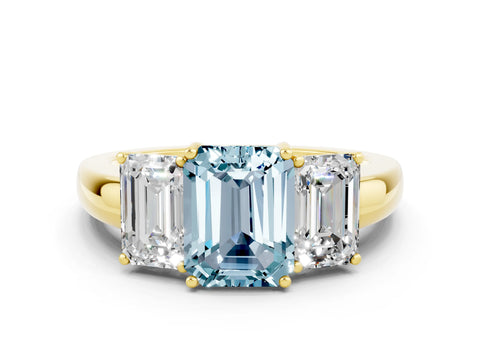 Yellow gold Emerald Cut Aquamarine Three-Stone Ring with Four-Prong Setting and Classic Band
