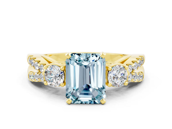 Yellow gold Emerald Cut Aquamarine Three-Stone Ring with Pavé Split Shank and Four-Prong Setting