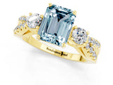 Yellow gold Emerald Cut Aquamarine Three-Stone Ring with Pavé Split Shank and Four-Prong Setting_1