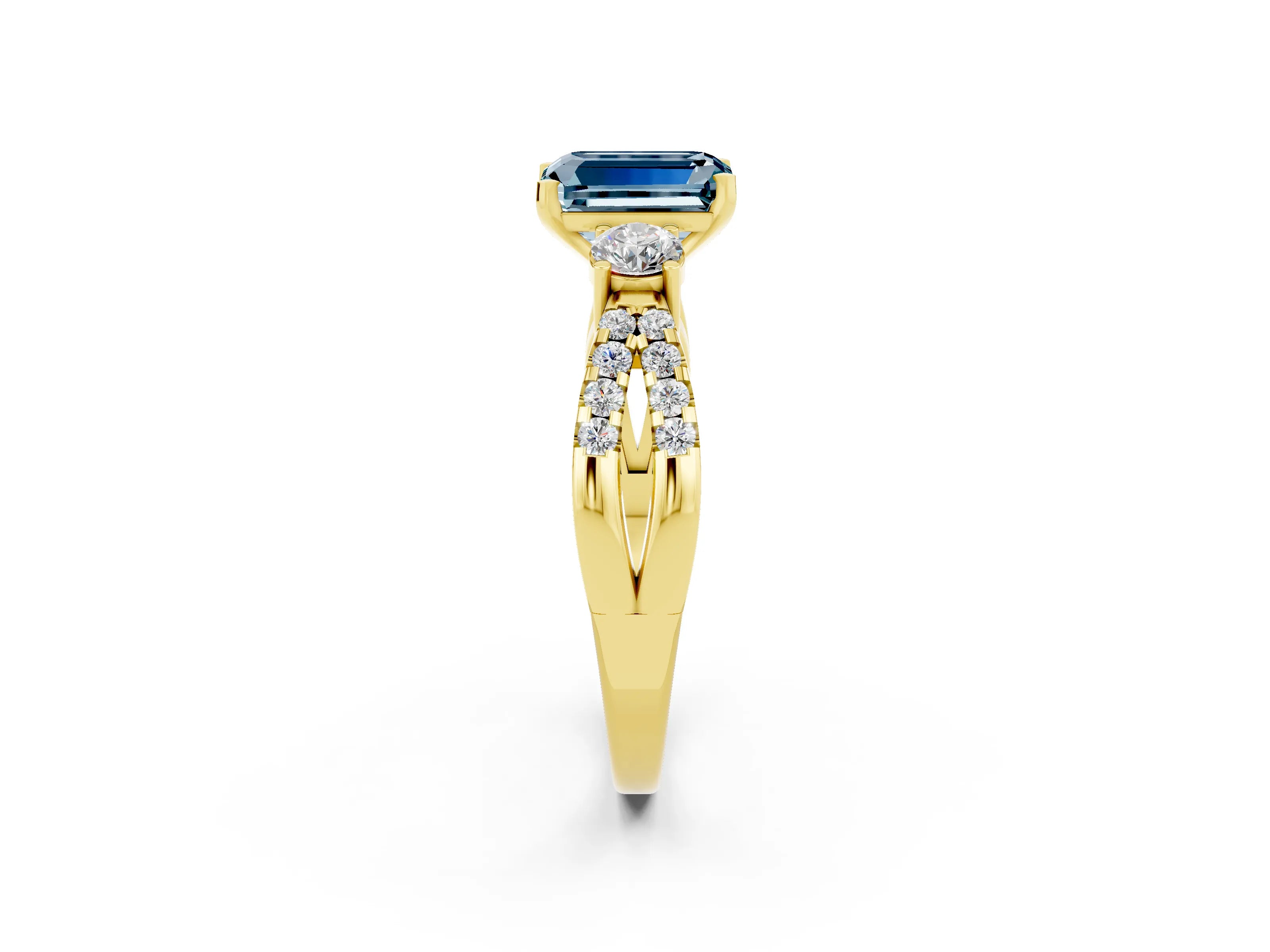 Yellow gold Emerald Cut Aquamarine Three-Stone Ring with Pavé Split Shank and Four-Prong Setting_2