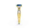 Yellow gold Emerald Cut Aquamarine Three-Stone Ring with Pavé Split Shank and Four-Prong Setting_2