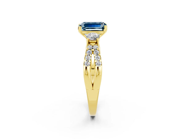 Yellow gold Emerald Cut Aquamarine Three-Stone Ring with Pavé Split Shank and Four-Prong Setting