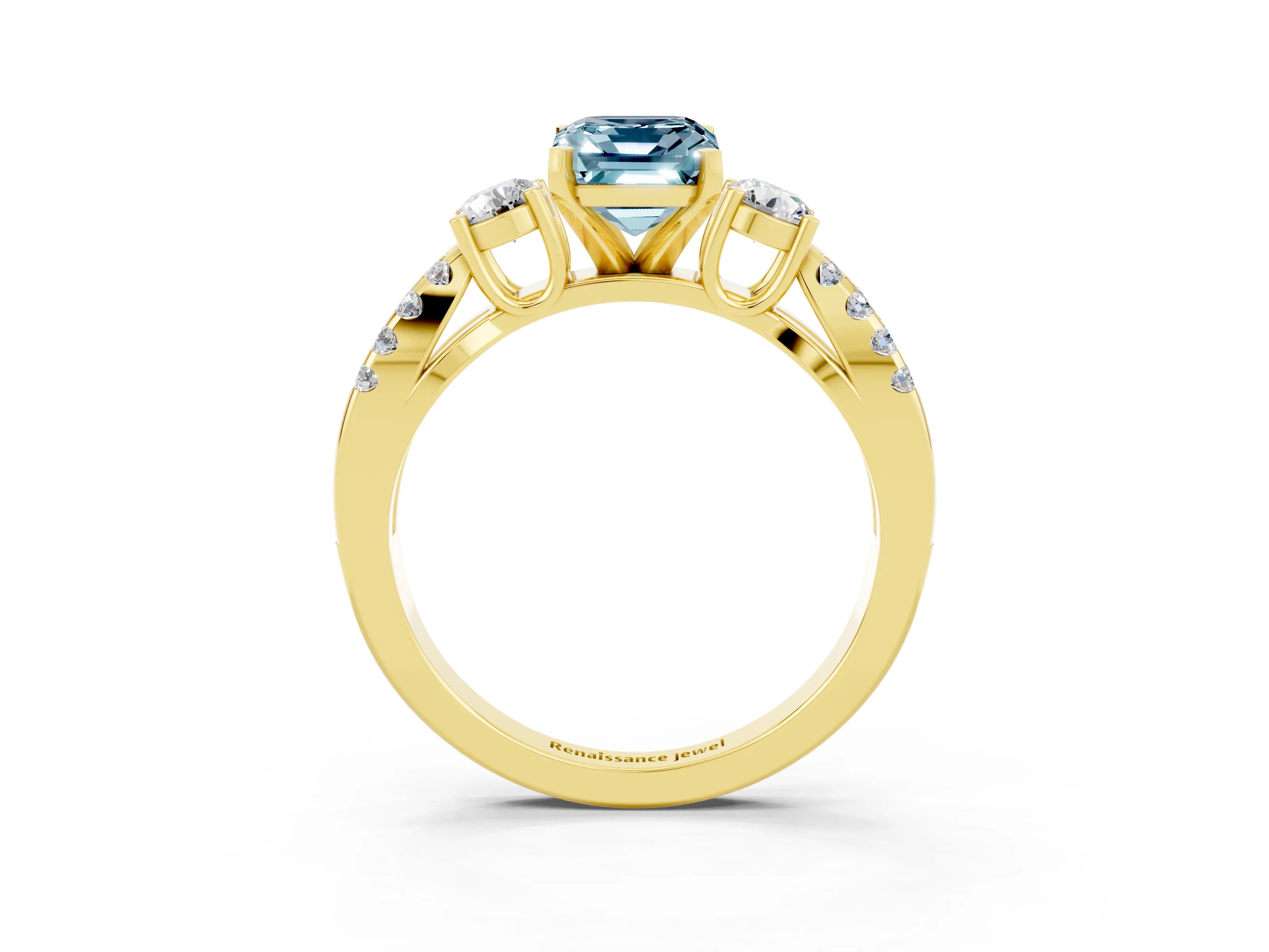 Yellow gold Emerald Cut Aquamarine Three-Stone Ring with Pavé Split Shank and Four-Prong Setting_3
